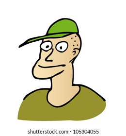 Comic cartoon face. Boy in cap.