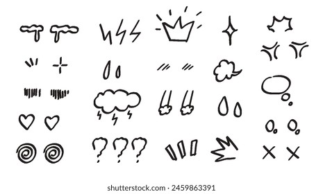 Comic cartoon face expressions in doodle line art style. Anime manga eyes and sound effects with different emotions. Hand drawn ink vector illustration of love, anger, sadness,puzzled character.