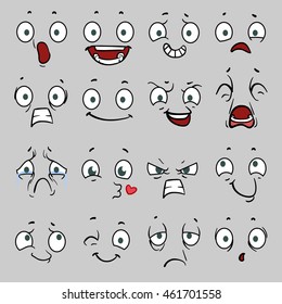 Comic cartoon faces with different emotions. Faces Characters happy or sad, emotion faces cheerful and angry. Vector illustration