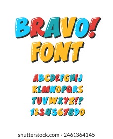 Comic Cartoon Font. Bravo Exclamation Bold Alphabet. Funny Letters and Numbers.