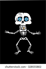 Comic cartoon friendly human skeleton with blue eyes isolated on black background, Skull and bones
