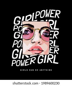 comic cartoon girl face in sunglasses and nose piercing illustration on girl power slogan background