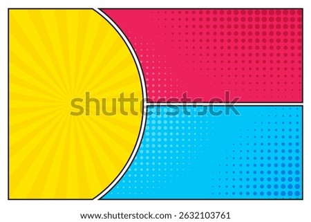 Comic cartoon half round panels, comic book style pop art, frame retro layout cartoon