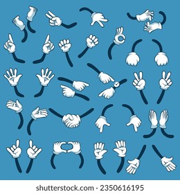 Comic cartoon hand emotions. Mascot animated gloves graphic set, hands gestures drawing cartoons arms doodle hands retro pair collection isolated vector illustration