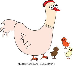 comic cartoon hen with small chicks 