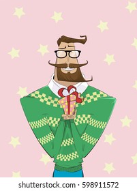 Comic cartoon hipster making gift. Greeting illustration. Vector