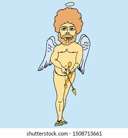 Comic cartoon image of an angel with a magic bow and arrow in hands on a blue background