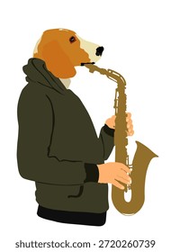 Quadrinhos piada divertido cão saxofone player vetor ilustração isolada. Música animal tocar instrumento de vento. Artista de jazz bugler street performer. Músico toca trompete. Evento de música de entretenimento.