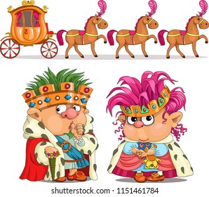 Comic cartoon of the king and queen. Coach and horses. Isolated objects.