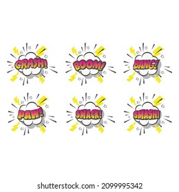 Comic cartoon lettering, pop art style. Smash, boom, bang and smack star explosion with halftone.