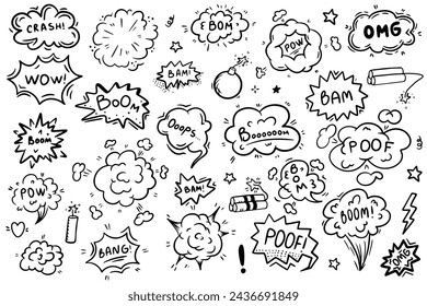 Comic Cartoon Linie Bombenexplosion. Handgezeichnete Cartoon Explosion Bombe Effekt, Spritzer, Ausruf Rauchelement. Explosionssprachblase mit Pow, Boom, omg Text.