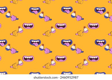 Comic cartoon lips seamless pattern in psychedelic retro style. Funky groovy open mouth with teeth eating dessert with cherry holding spoon background. Vector illustration.