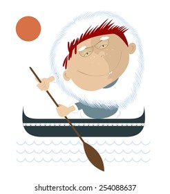 Comic cartoon man floating on the waves in a canoe
