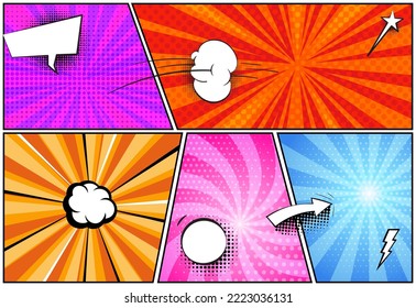 Plantilla de página de dibujos animados de historietas. Diseño de arte pop de medio tono superhéroe, fondo de libro de historietas con burbujas de habla, fondo de afiches vectoriales