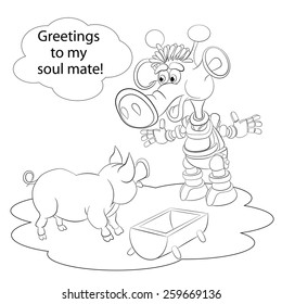 Comic cartoon picture. Martian meets pig - brothers in mind. Coloring book.