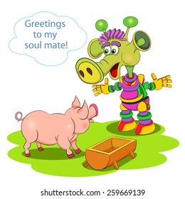 Comic cartoon picture. Martian meets pig - brothers in mind.