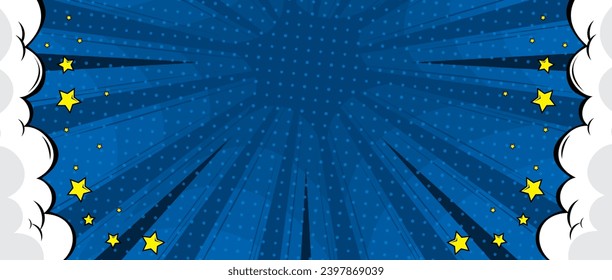 Comic cartoon pop art background with cloud and stars on blue	
