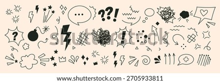 Comic cartoon and pop art sound effects set with explosive lines and speech bubbles. Playful vector doodles with editable stoke. Hand drawn manga icons, arrows, splash elements, anime emotion symbols