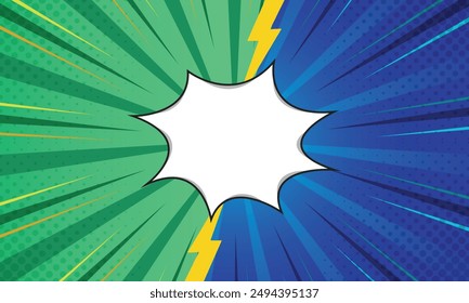 Cómic de dibujos animados pop art con ilustración trueno. Ilustración vectorial de dibujos animados en verde y azul