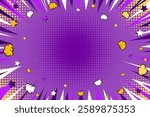 Comic cartoon purple background with motion rays and clouds. Modern creative pop art purple background with halftone, clouds and stars. Pop art speed zoom backdrop in purple, white and yellow tones