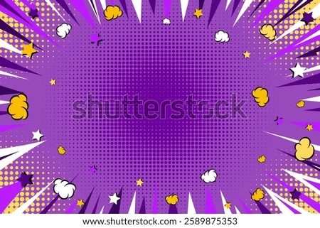 Comic cartoon purple background with motion rays and clouds. Modern creative pop art purple background with halftone, clouds and stars. Pop art speed zoom backdrop in purple, white and yellow tones