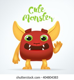 Comic Cartoon red creature character with cute monster lettering. Fun mutant isolated on light background