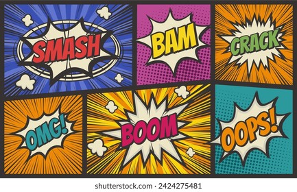 Fondo de escena de dibujos animados cómico con conjunto de expresión de colección de burbujas de discurso
