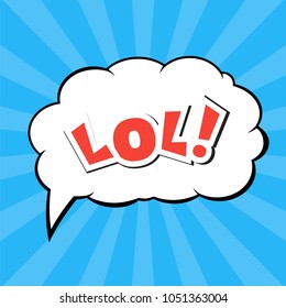 Comic cartoon sound effect on a blue striped background. Speech phrase LOL. Vector illustration.