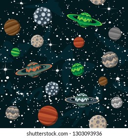 Comic cartoon space with planets and stars science night sky design background. Vector seamless pattern. Backdrop with celestial bodies hand drawn flat cartoon style. For web design or cosmic backdrop