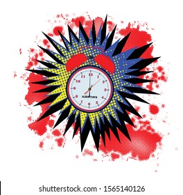 A comic cartoon style alarm clock wake up explosion over a white background