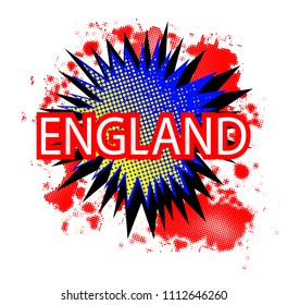 A comic cartoon style England exclamation explosion in red white and blue over a white background