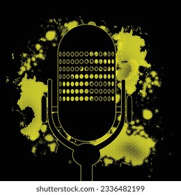 A comic cartoon style microphone yellow and black splash explosion style background