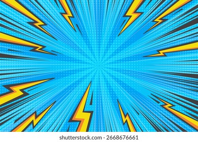 Fondo de poder de trueno de dibujos animados cómicos. Gráfico abstracto del arte Pop con los relámpagos y la explosión ligera. Ilustración de libro de manga con explosión y efecto de semitono. Líneas de velocidad radial rayas anime frame