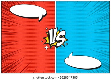 Bande dessinée contre arrière-plan rouge et bleu template vierge avec bubble chat vide