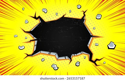 quadrinho de desenho animado parede rachado buraco em amarelo, parede quebrada ilustração de fundo. rachado e parede perfurada 