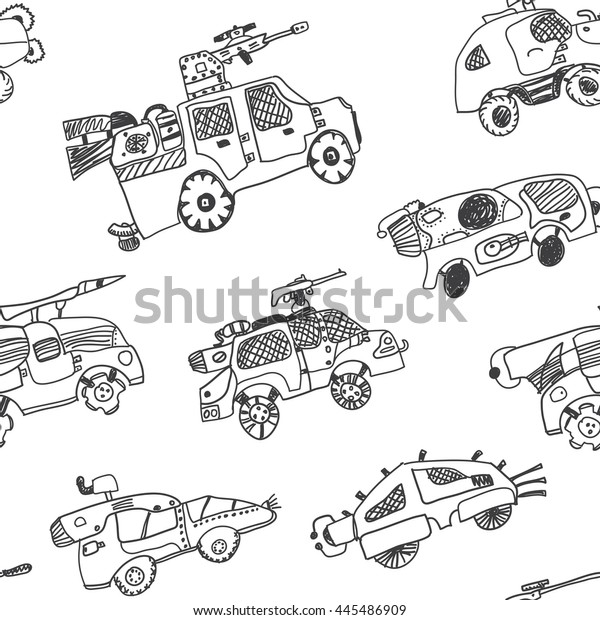 Comic cartoons of military cars. Seamless\
background. Really children\'s\
drawing.