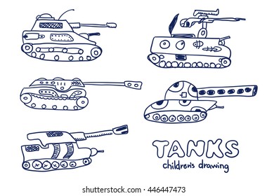 Comic cartoons tanks. Vector sketches set. Really children's drawing.