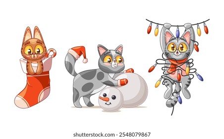Comic cat Christmas characters in stocking gift, making snowman, playing with garland isolated set