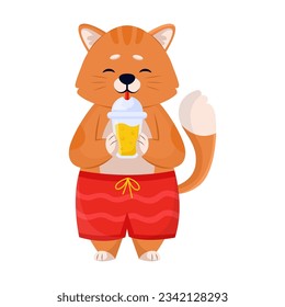 Gato cómico bebiendo jugo de la ilustración vectorial de la taza de plástico. Dibujo de caricatura de personaje animal haciendo actividades de verano. Verano, vida salvaje, vacaciones, concepto de relajación