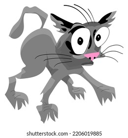 Comic Cat Funny Illustration. Funny Scared Kitten In Cartoon Style Isolated On White Background