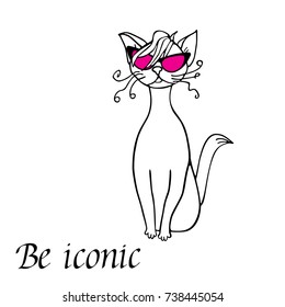 Comic cat hand drawn with lettering be iconic object isolated on white