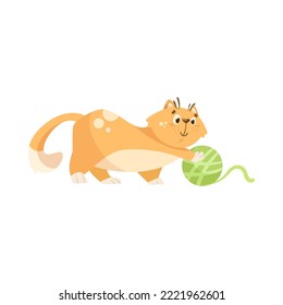 Comic cat playing with ball of green yarn cartoon illustration. Adorable baby kitten character having fun with wool. Domestic animal, pet concept