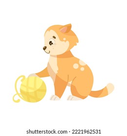 Comic cat playing with ball of yellow yarn cartoon illustration. Adorable baby kitten character sitting and having fun with wool. Domestic animal, pet concept