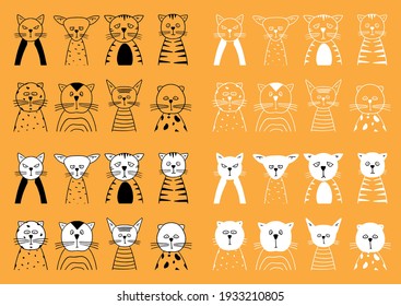 Ilustración de gatos cómicos triste, vieja, joven gorda, débil