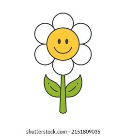 Caracter cómico chamóvil adorable planta natural con arte pop de tallo verde diseño de camiseta de diseño vectorial ilustración de dibujos animados. Divertido y sonriente estilo rústico de flores orgánicas. Persona floral de Blossom