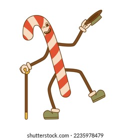 Comic character of a groovy christmas candy with hat and walking stick in trendy cartoon style on isolated background. For card, poster, print.