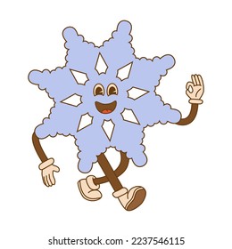Comic character of a groovy snowflake in trendy cartoon style on isolated background. For card, poster, print.