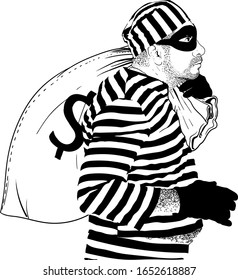 comic character thief in a striped prisoner robe and black mask on his face stole a big sack of dollars