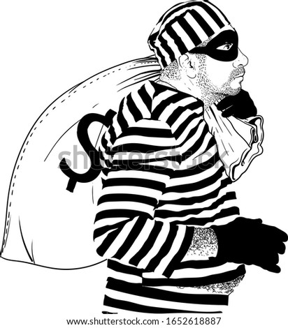 comic character thief in a striped prisoner robe and black mask on his face stole a big sack of dollars