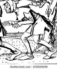 Comic character, this picture shows a man bowed down and looking at something, facing left, vintage line drawing or engraving illustration